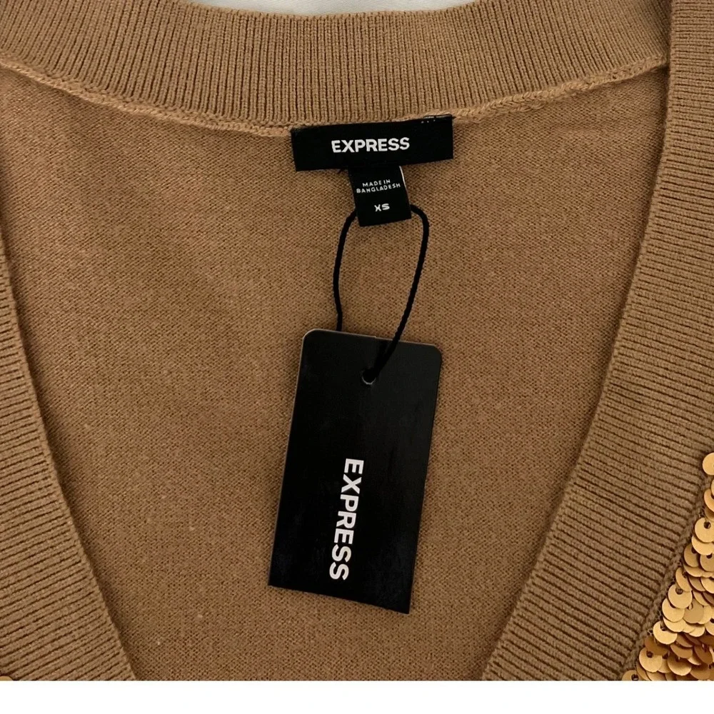 Express Women's Camel‎ Party Sequin V Neck Button Front Cardigan Sweater New XS